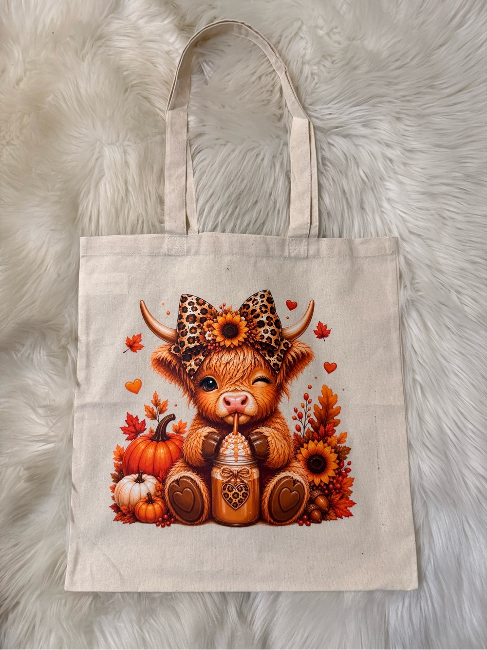 Cream Canvas Tote with Autumn Cow Illustration